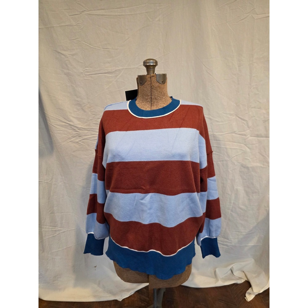 ETCYY Sweater Blue Rust Brown Striped Crew Neck Knit Men Size L